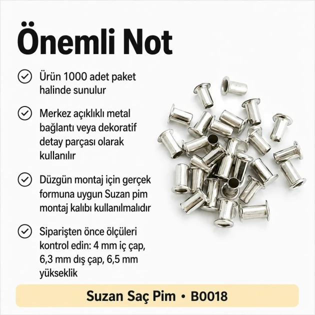Sheet Metal Suzan Pin with 4 mm Inner Diameter and 6.5 mm Barrel Height, Pack of 1,000 Pieces