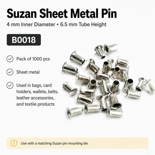 Sheet Metal Suzan Pin with 4 mm Inner Diameter and 6.5 mm Barrel Height, Pack of 1,000 Pieces