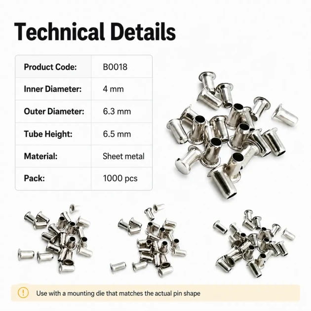 Sheet Metal Suzan Pin with 4 mm Inner Diameter and 6.5 mm Barrel Height, Pack of 1,000 Pieces