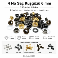 Sheet Steel Eyelet 6 mm / 0.236 in with Plastic or Metal Washer Options – 250 Pieces K0002