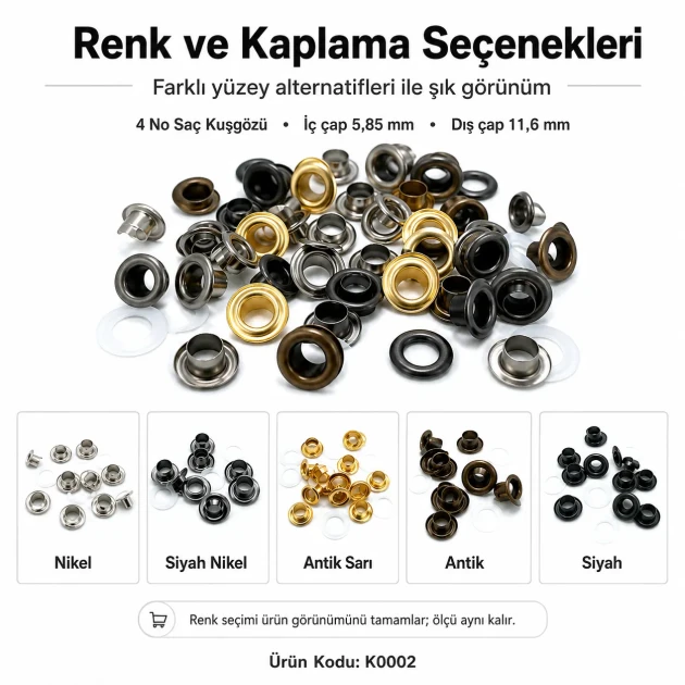 4 No Saç Kuşgözü 6 mm Plastik veya Metal Pul Seçenekli 250 Adet/Paket, dayanıklı ve estetik tasarım ile çanta, ayakkabı ve