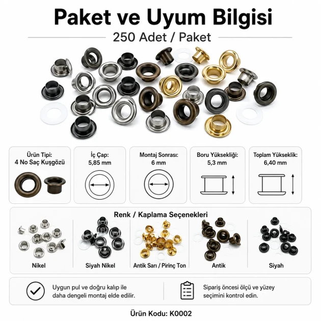 4 No Saç Kuşgözü 6 mm Plastik veya Metal Pul Seçenekli 250 Adet/Paket, dayanıklı ve estetik tasarım ile çanta, ayakkabı ve