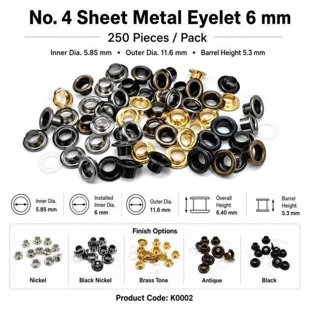 4 No Saç Kuşgözü 6 mm Plastik veya Metal Pul Seçenekli 250 Adet/Paket, dayanıklı ve estetik tasarım ile çanta, ayakkabı ve
