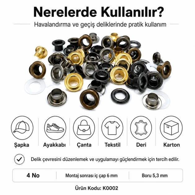 4 No Saç Kuşgözü 6 mm Plastik veya Metal Pul Seçenekli 250 Adet/Paket, dayanıklı ve estetik tasarım ile çanta, ayakkabı ve
