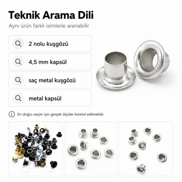 2 No Saç Kuşgözü 4,5 mm İç Çap Plastik veya Metal Pul Seçenekli 250 Adet/Paket