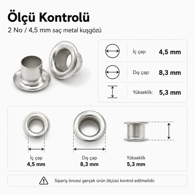 2 No Saç Kuşgözü 4,5 mm İç Çap Plastik veya Metal Pul Seçenekli 250 Adet/Paket