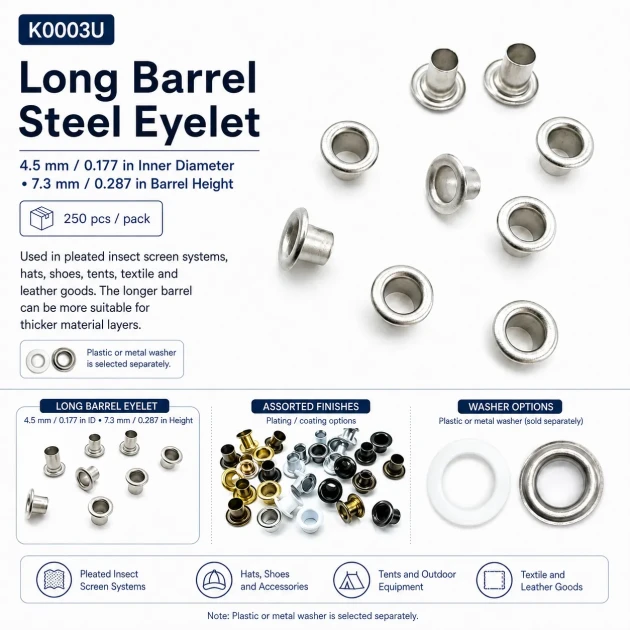 Long-Barrel Sheet Steel Eyelet 4.5 mm / 0.177 in Inner Diameter with Washer Options, 250 Pieces K0003U