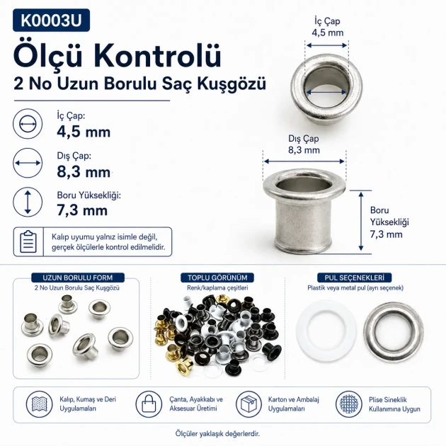 Long-Barrel Sheet Steel Eyelet 4.5 mm / 0.177 in Inner Diameter with Washer Options, 250 Pieces K0003U