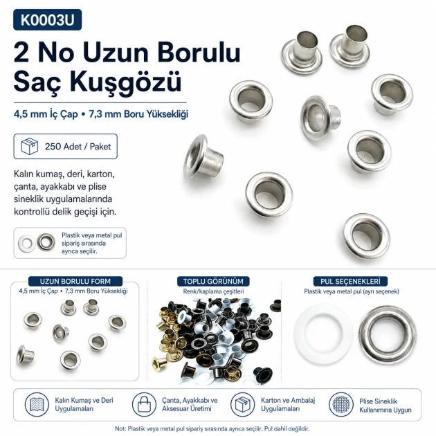 Long-Barrel Sheet Steel Eyelet 4.5 mm / 0.177 in Inner Diameter with Washer Options, 250 Pieces K0003U