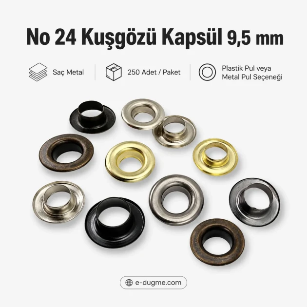 9.5 mm / 0.37 in Sheet Metal Eyelet Capsule, 250 pcs/Pack - Durable metal eyelets for textile, leather, and accessory design.