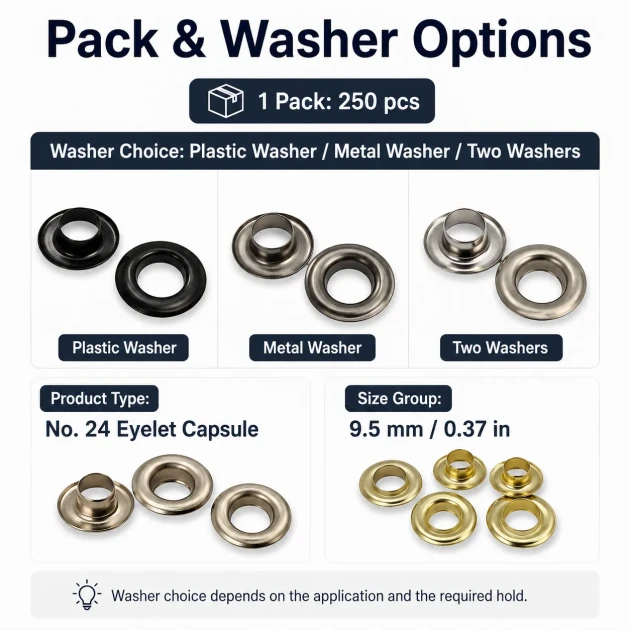 9.5 mm / 0.37 in Sheet Metal Eyelet Capsule, 250 pcs/Pack - Durable metal eyelets for textile, leather, and accessory design.