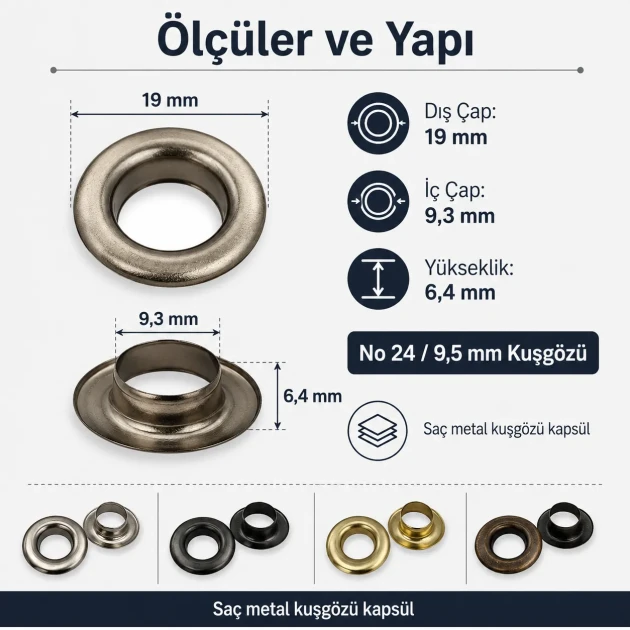 9.5 mm / 0.37 in Sheet Metal Eyelet Capsule, 250 pcs/Pack - Durable metal eyelets for textile, leather, and accessory design.