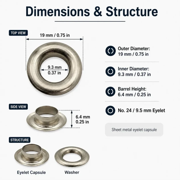 9.5 mm / 0.37 in Sheet Metal Eyelet Capsule, 250 pcs/Pack - Durable metal eyelets for textile, leather, and accessory design.