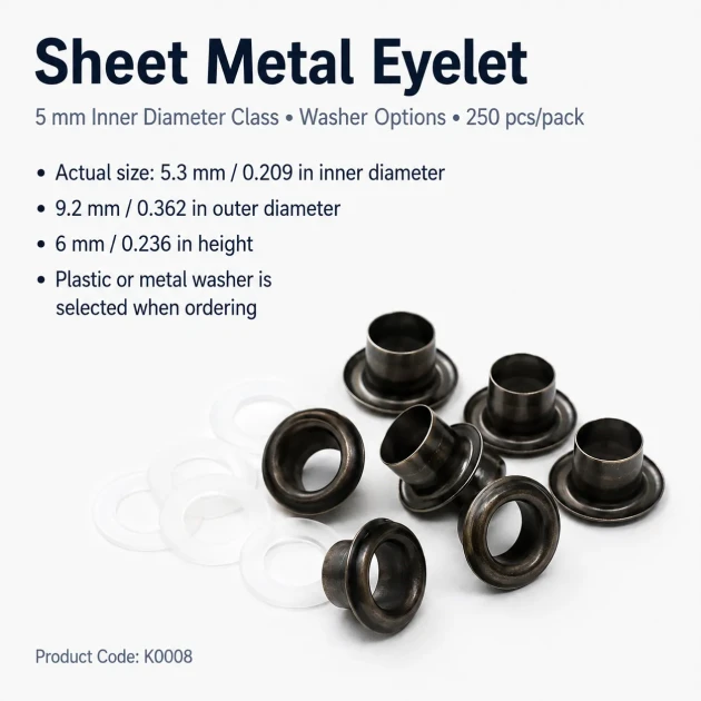 Sheet Metal Eyelet 5.3 mm / 0.209 in Inner Diameter with Washer Options Pack of 250 K0008