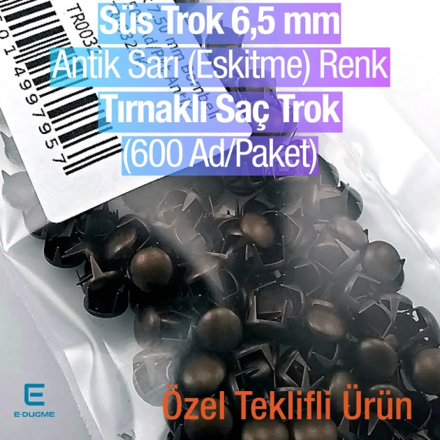 Tırnaklı Saç Trok 6,5 mm Antik Sarı Renk Süs Trok (600 Ad/Paket) TR0023PKA