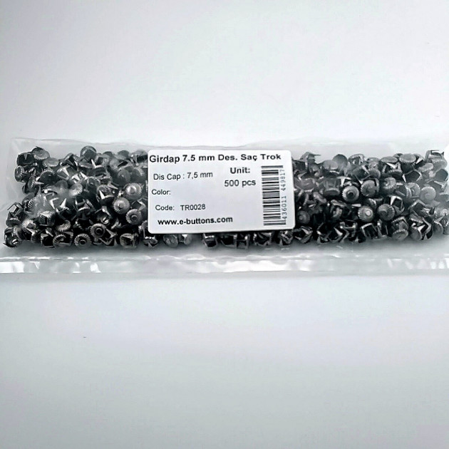 Tırnaklı Trok 7.5 mm Siyah Nikel Renk Girdap Desenli Süs Saç Trok (500 Ad/Paket) TR0028PK