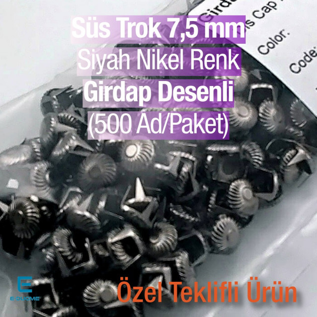 Tırnaklı Trok 7.5 mm Siyah Nikel Renk Girdap Desenli Süs Saç Trok (500 Ad/Paket) TR0028PK Tırnaklı Trok 7.5 mm Siyah Nikel Renk Girdap Desenli Süs Saç Trok (500 Ad/Paket) TR0028PK