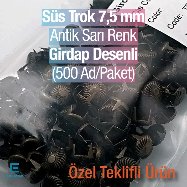 Tırnaklı Trok 7.5 mm Antik Sarı Renk Girdap Desenli Süs Saç Trok (500 Ad/Paket) TR0028PK06
