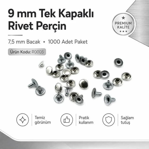 9 mm (0.35") Cap and 7.5 mm (0.30") Post Steel Single Cap Rivet - 1000 Pieces, Durable Stainless Steel Rivets for Crafting