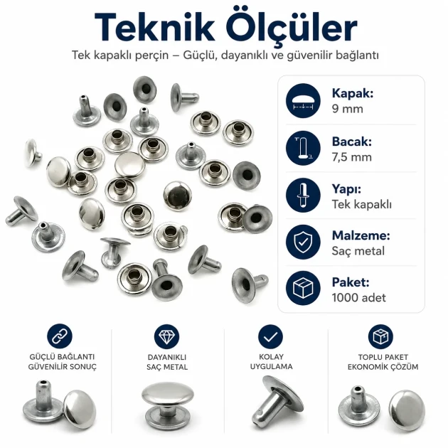9 mm (0.35") Cap and 7.5 mm (0.30") Post Steel Single Cap Rivet - 1000 Pieces, Durable Stainless Steel Rivets for Crafting