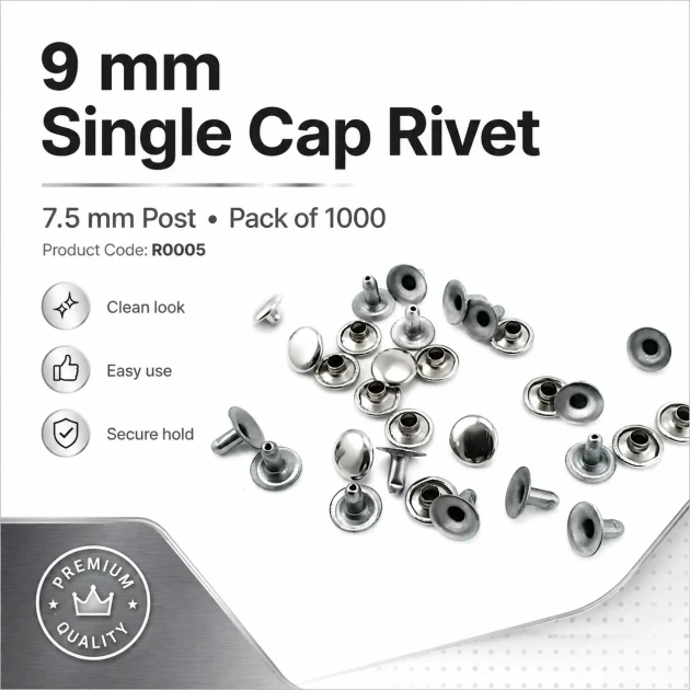 9 mm (0.35") Cap and 7.5 mm (0.30") Post Steel Single Cap Rivet - 1000 Pieces, Durable Stainless Steel Rivets for Crafting