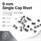 9 mm (0.35") Cap and 7.5 mm (0.30") Post Steel Single Cap Rivet - 1000 Pieces, Durable Stainless Steel Rivets for Crafting