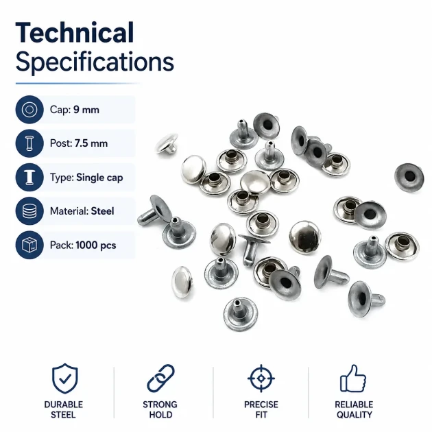 9 mm (0.35") Cap and 7.5 mm (0.30") Post Steel Single Cap Rivet - 1000 Pieces, Durable Stainless Steel Rivets for Crafting