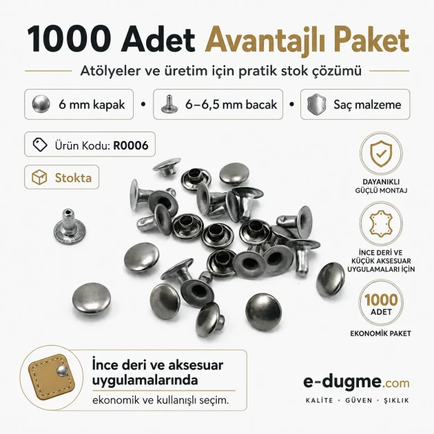 0 Rivet 6 mm (0.24") Cap with 6-6.5 mm (0.24"-0.26") Post Steel Rivet – 1000 Pieces R0006 for crafting and sewing projects