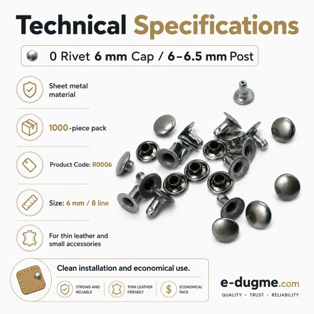 0 Rivet 6 mm (0.24") Cap with 6-6.5 mm (0.24"-0.26") Post Steel Rivet – 1000 Pieces R0006 for crafting and sewing projects