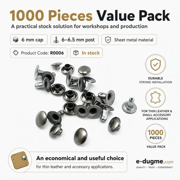0 Rivet 6 mm (0.24") Cap with 6-6.5 mm (0.24"-0.26") Post Steel Rivet – 1000 Pieces R0006 for crafting and sewing projects