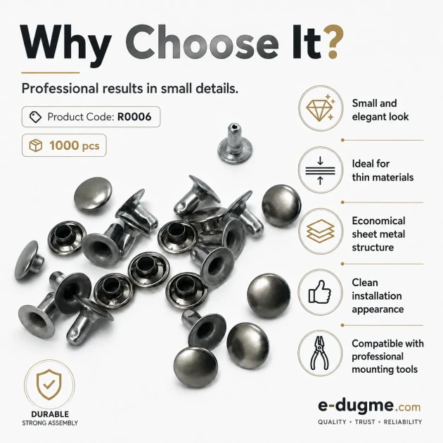 0 Rivet 6 mm (0.24") Cap with 6-6.5 mm (0.24"-0.26") Post Steel Rivet – 1000 Pieces R0006 for crafting and sewing projects