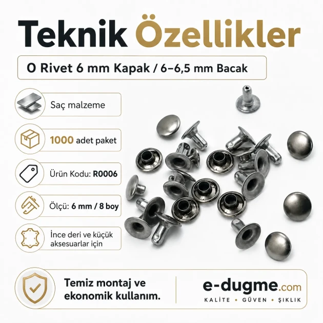0 Rivet 6 mm (0.24") Cap with 6-6.5 mm (0.24"-0.26") Post Steel Rivet – 1000 Pieces R0006 for crafting and sewing projects