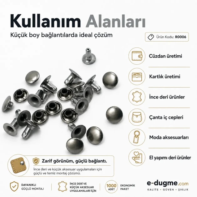 0 Rivet 6 mm (0.24") Cap with 6-6.5 mm (0.24"-0.26") Post Steel Rivet – 1000 Pieces R0006 for crafting and sewing projects