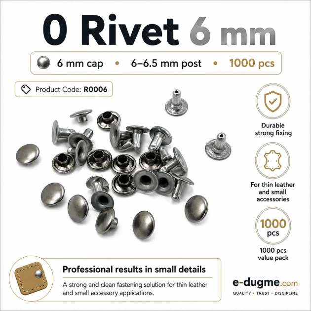 0 Rivet 6 mm (0.24") Cap with 6-6.5 mm (0.24"-0.26") Post Steel Rivet – 1000 Pieces R0006 for crafting and sewing projects
