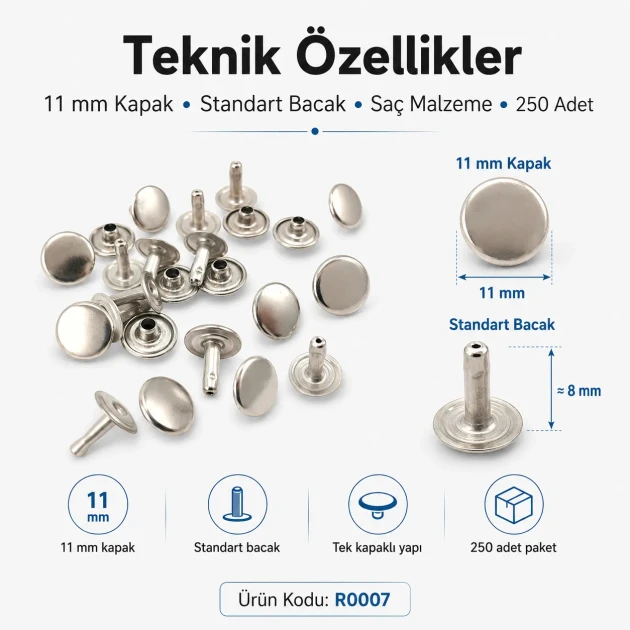 11 mm (0.43") Cap Standard Post Steel Single Cap Rivet – 250 Pieces, ideal for securely fastening thick materials with a
