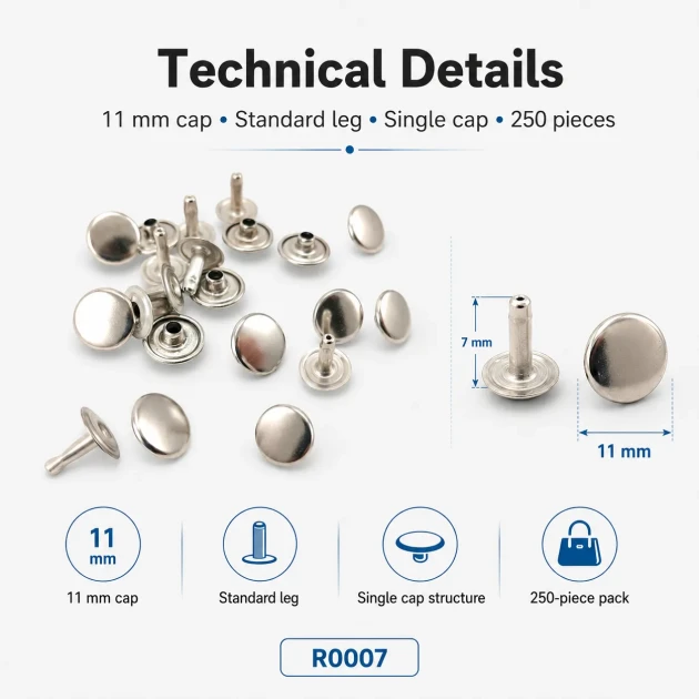11 mm (0.43") Cap Standard Post Steel Single Cap Rivet – 250 Pieces, ideal for securely fastening thick materials with a