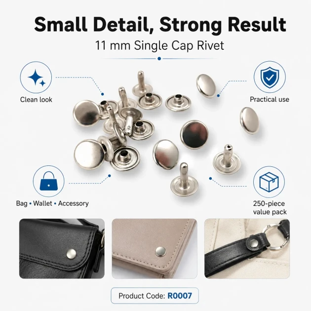 11 mm (0.43") Cap Standard Post Steel Single Cap Rivet – 250 Pieces, ideal for securely fastening thick materials with a
