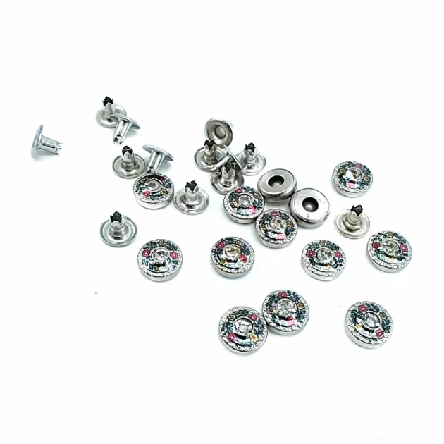 10 mm 16 boy Cam Taşlı Çiçekler Desenli Rivet R0030