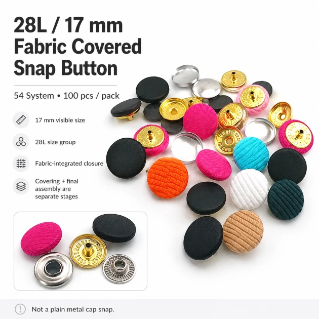 28L / 17 mm Fabric Covered Snap Buttons, 100 pcs Pack - Ideal for jackets, coats, and accessories