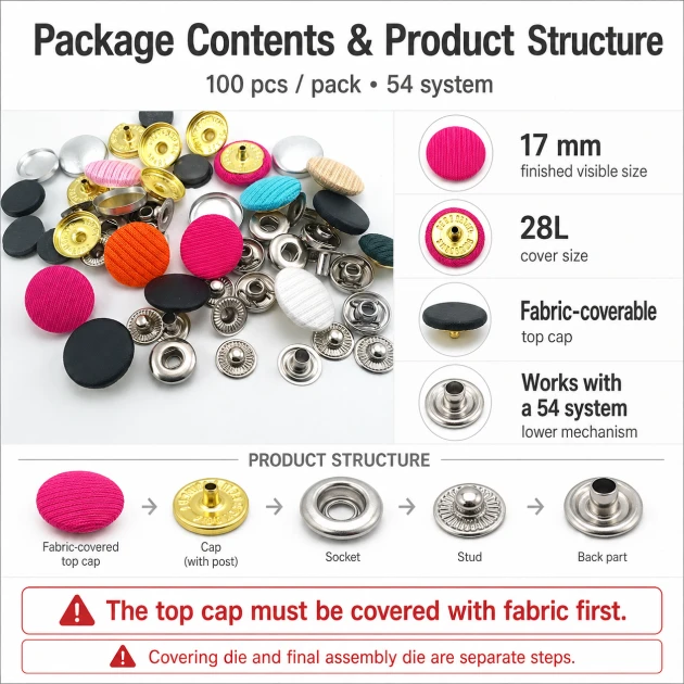 28L / 17 mm Fabric Covered Snap Buttons, 100 pcs Pack - Ideal for jackets, coats, and accessories