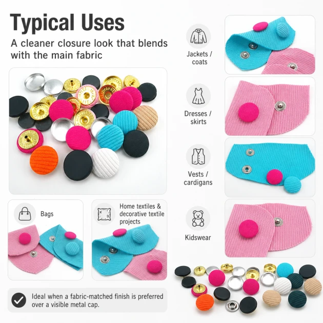 28L / 17 mm Fabric Covered Snap Buttons, 100 pcs Pack - Ideal for jackets, coats, and accessories