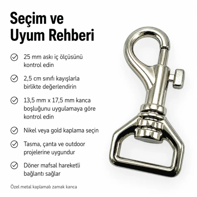 2,5 cm özel kaplamalı gemici kanca, dayanıklı metal tasarım, kayış ve kemer sistemleri için ideal