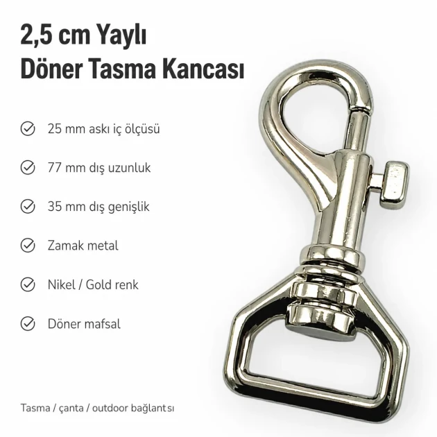 2,5 cm özel kaplamalı gemici kanca, dayanıklı metal tasarım, kayış ve kemer sistemleri için ideal