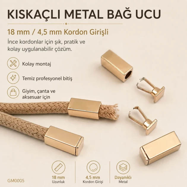 Kolay Uygulanabilir Şık Kıskaçlı Metal Bağ Ucu 18 mm / 4,5 mm Kordon Girişli GM0005, çanta ve giyim ürünlerinde kordon