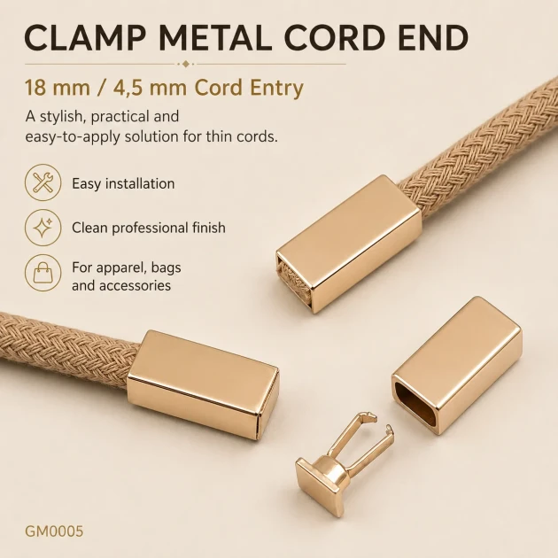 Kolay Uygulanabilir Şık Kıskaçlı Metal Bağ Ucu 18 mm / 4,5 mm Kordon Girişli GM0005, çanta ve giyim ürünlerinde kordon