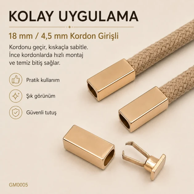 Kolay Uygulanabilir Şık Kıskaçlı Metal Bağ Ucu 18 mm / 4,5 mm Kordon Girişli GM0005, çanta ve giyim ürünlerinde kordon