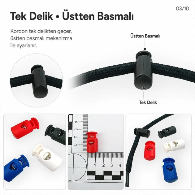 Tek Delikli Plastik Stoper 7 mm Kordon Girişli Üstten Basmalı, mont, çanta ve ayakkabı gibi ürünlerde kullanıma uygun