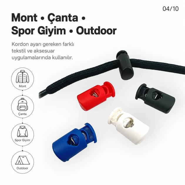 Tek Delikli Plastik Stoper 7 mm Kordon Girişli Üstten Basmalı, mont, çanta ve ayakkabı gibi ürünlerde kullanıma uygun