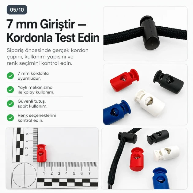 Tek Delikli Plastik Stoper 7 mm Kordon Girişli Üstten Basmalı, mont, çanta ve ayakkabı gibi ürünlerde kullanıma uygun