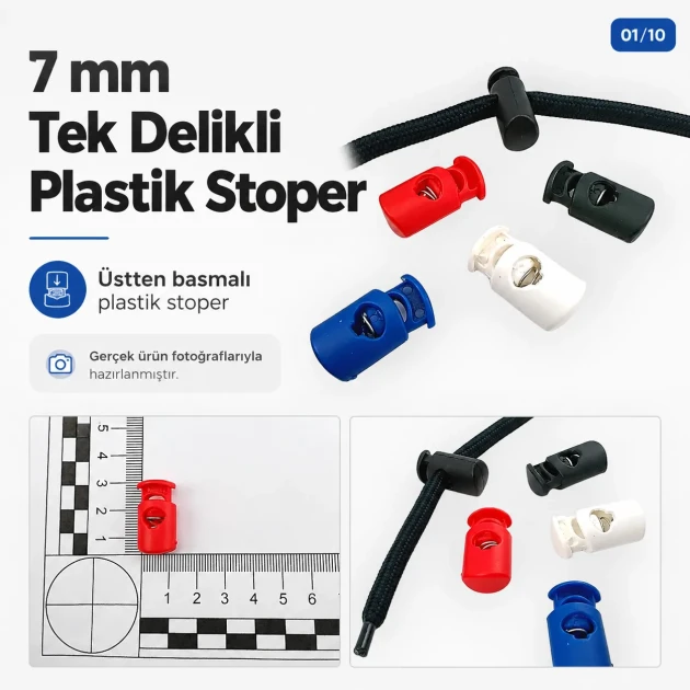 Tek Delikli Plastik Stoper 7 mm Kordon Girişli Üstten Basmalı, mont, çanta ve ayakkabı gibi ürünlerde kullanıma uygun
